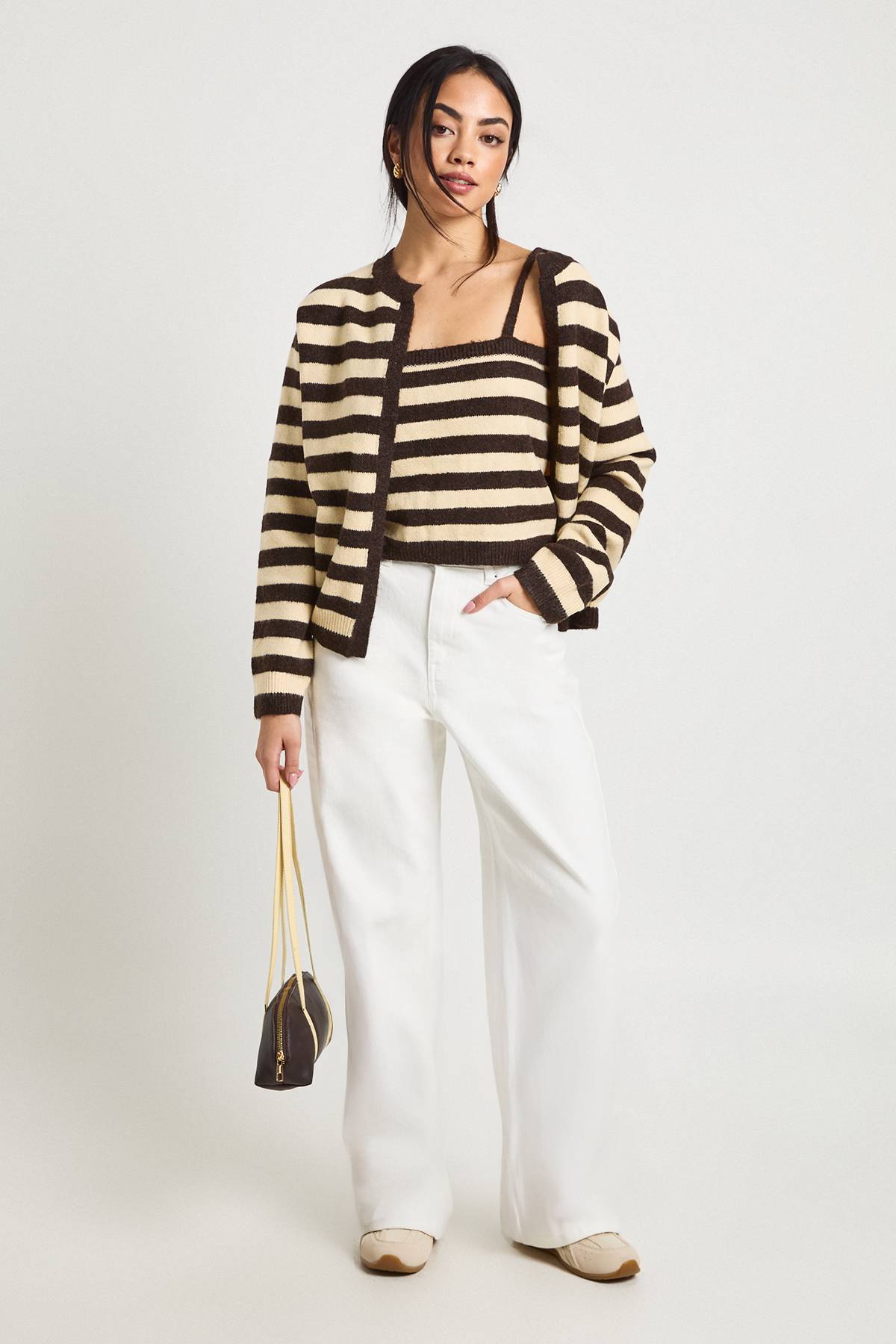 boohoo Super Soft Striped Knitted Boxy Fit Cardigan and Knitted Crop Top 2 Piece Set