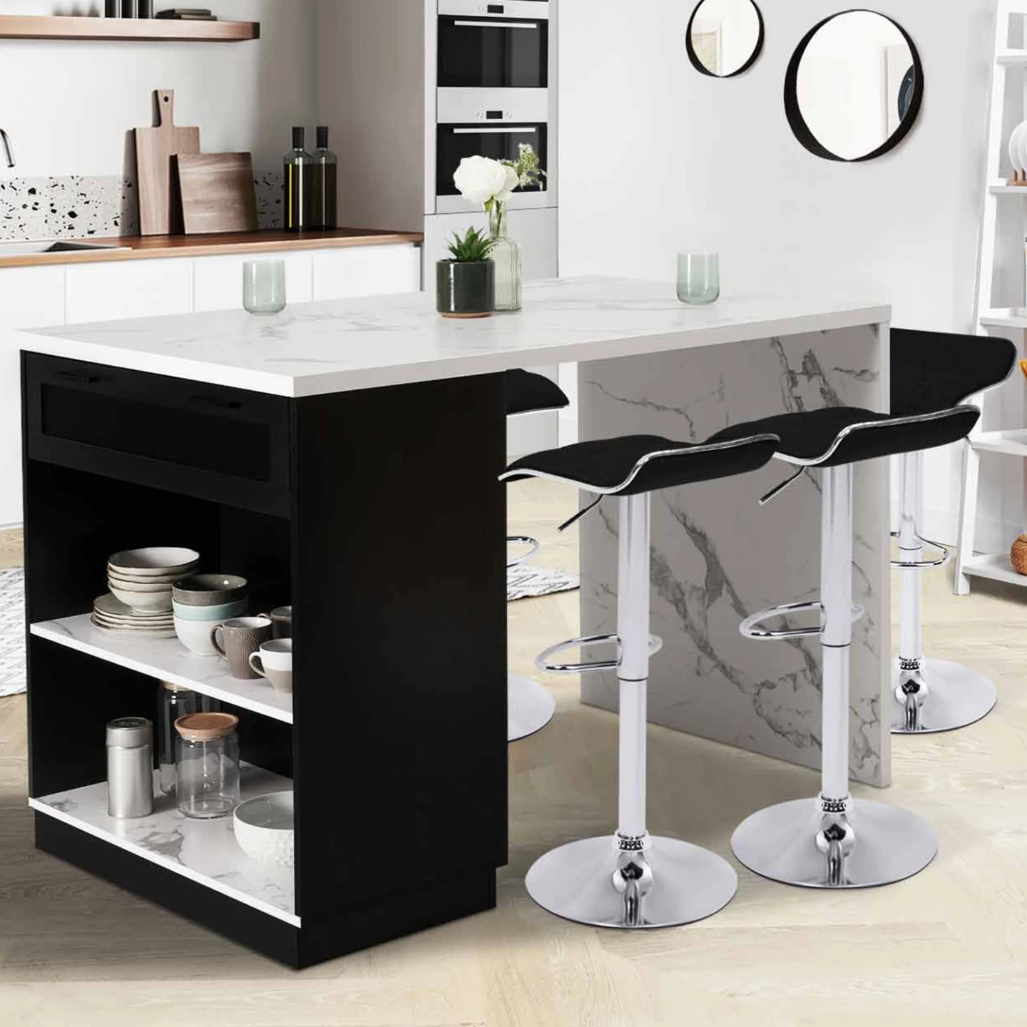Ilot central mange-debout 4 personnes VITO 130 cm noir et plateau effet marbre ALASKA