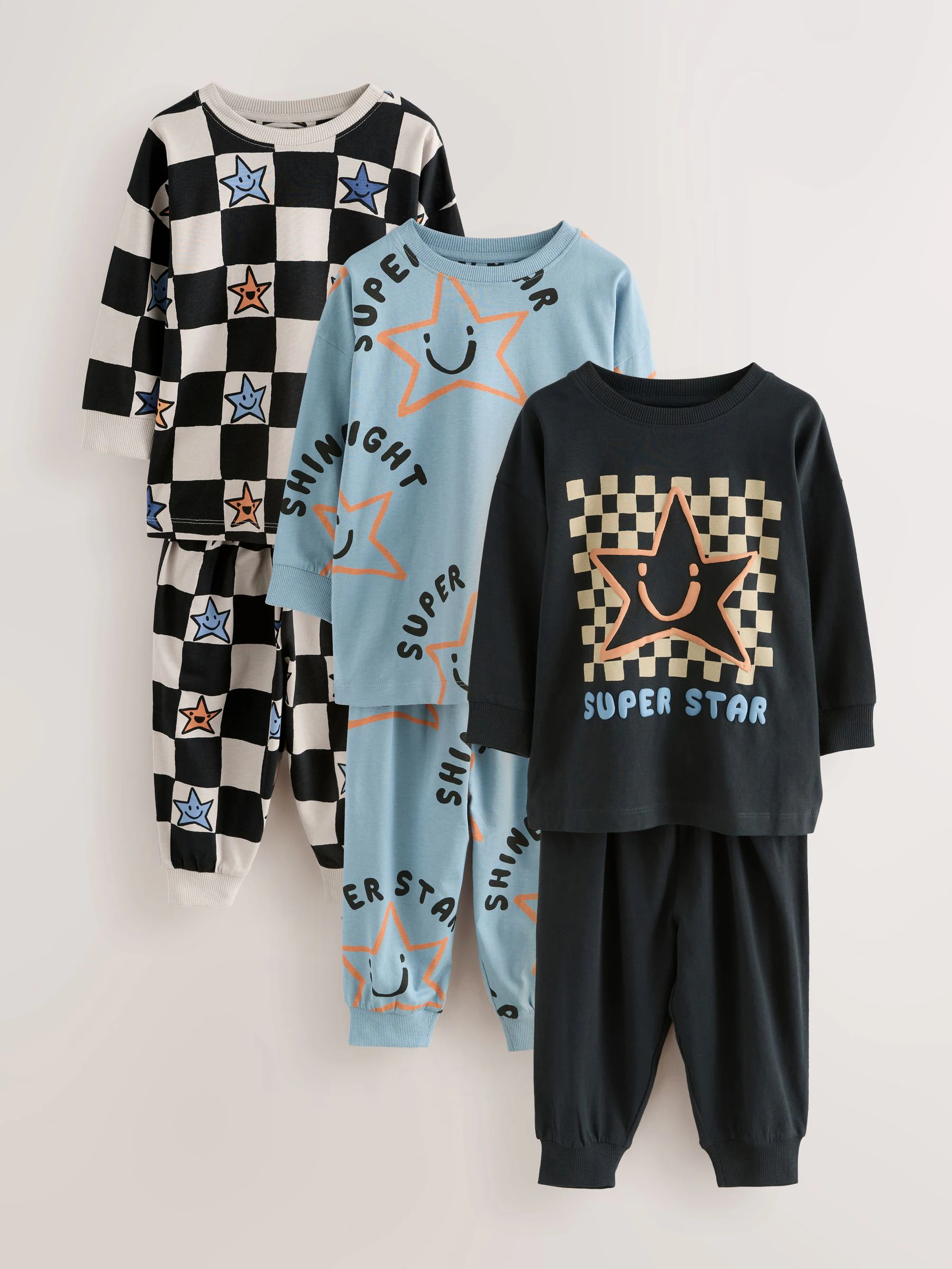 Meerkleurig ster- en dambordmotief - Verpakking van 3 oversized pyjama's 3 (9mnd -10jr)