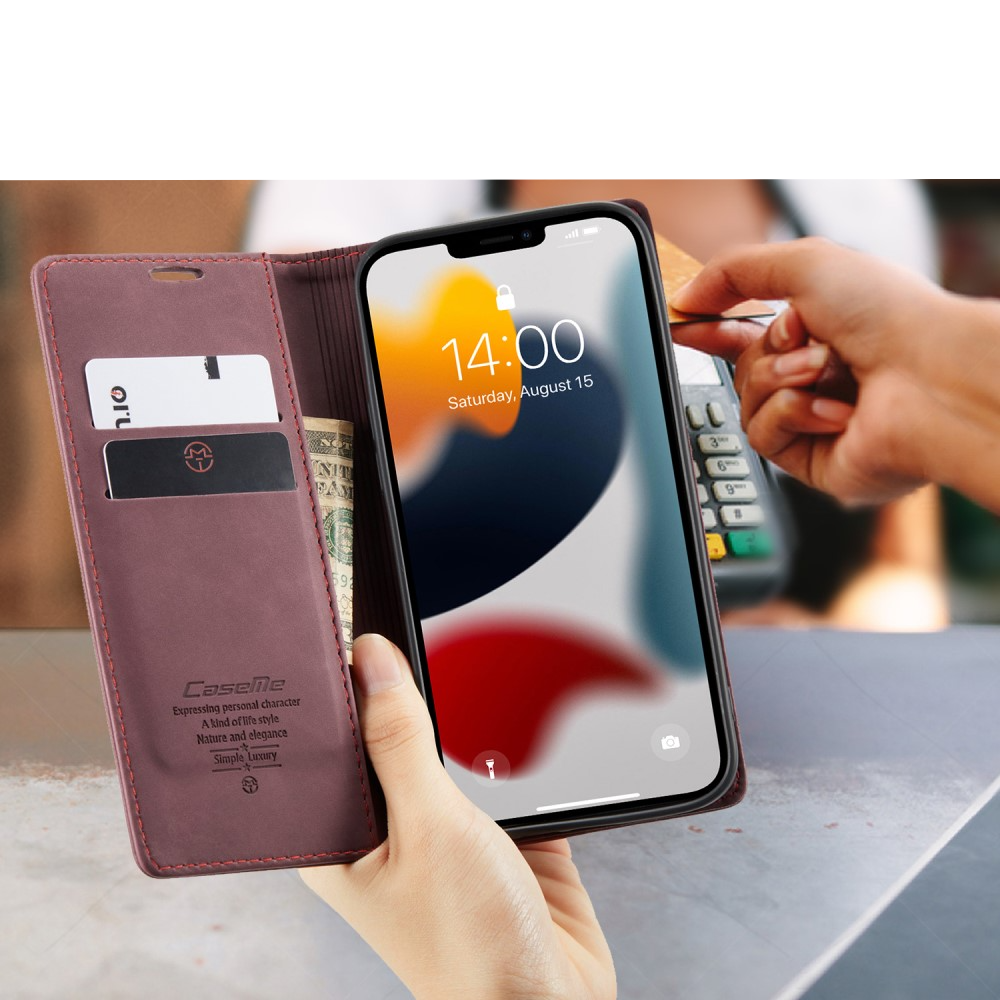 iPhone 13 Pro Leder Tasche Flip Wallet Etui mit Kartenfächern - Dunkelrot