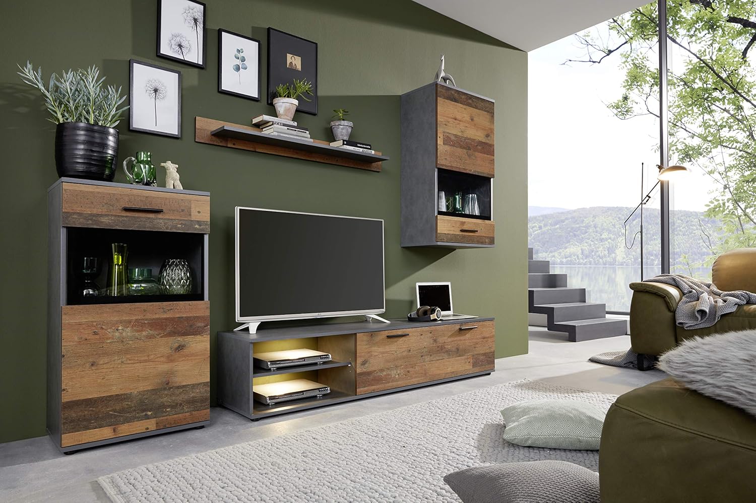 trendteam smart living - Mango - Wohnwand - Eiche/Grau - Anbauwand mit 2 Türen, 1 Klappe, 2 offenen Fächern, 1 Einlegeboden - (BxHxT) 246 x 182 x 37 cm - empfohlen für: Fernseher, Receiver, Bücher