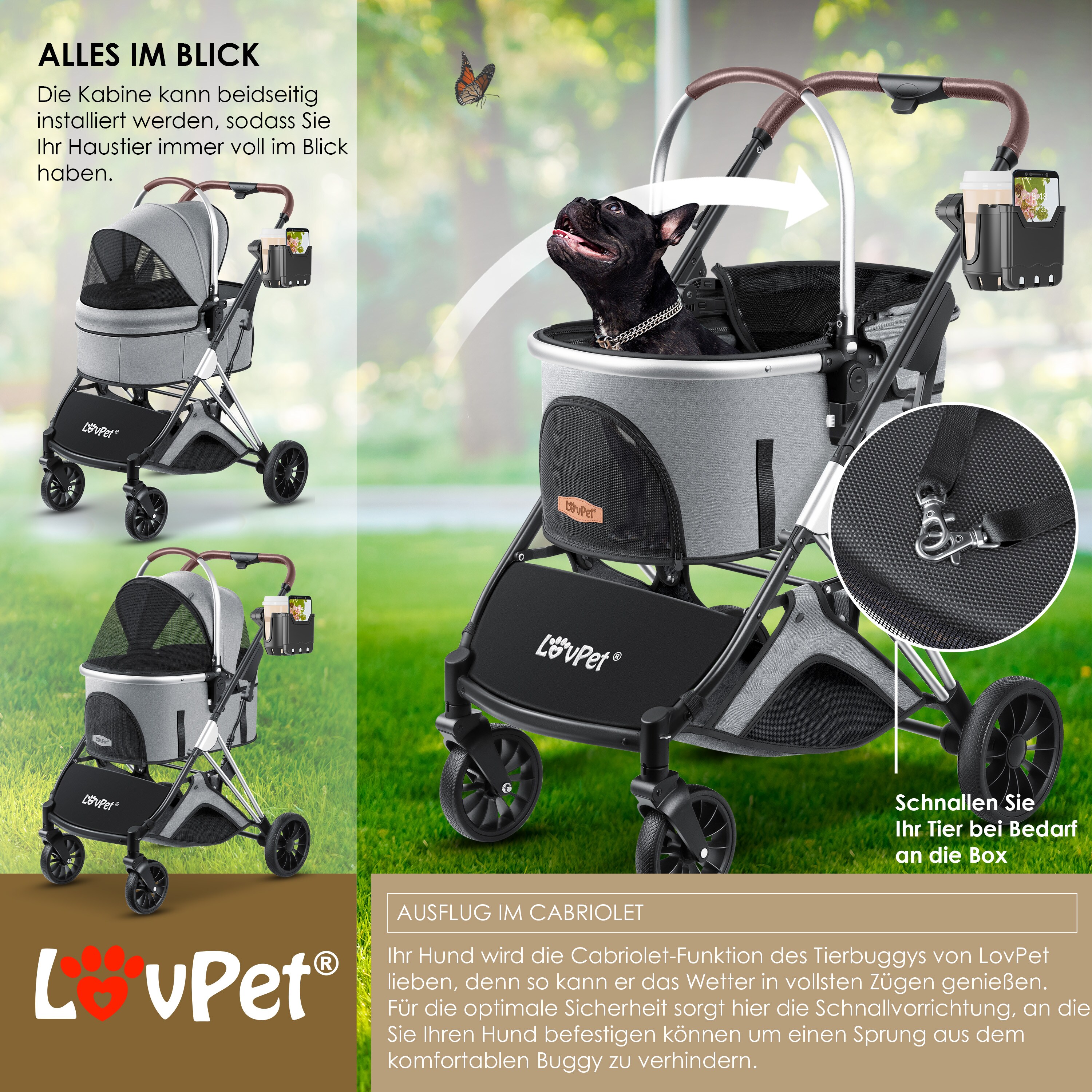 LOVPET® Hundewagen 3in1 Hundebuggy Hundebox Transporttasche 360° Große Räder Faltbar klappbar Haustiere Buggy mit Netzfenstern & Regenschutzabdeckung Jogger Katzenbuggy für kleine Hunde Katzen