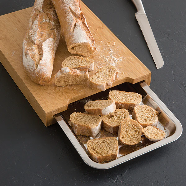 Planche à découper bambou 34 cm avec bac amovible inox Mathon