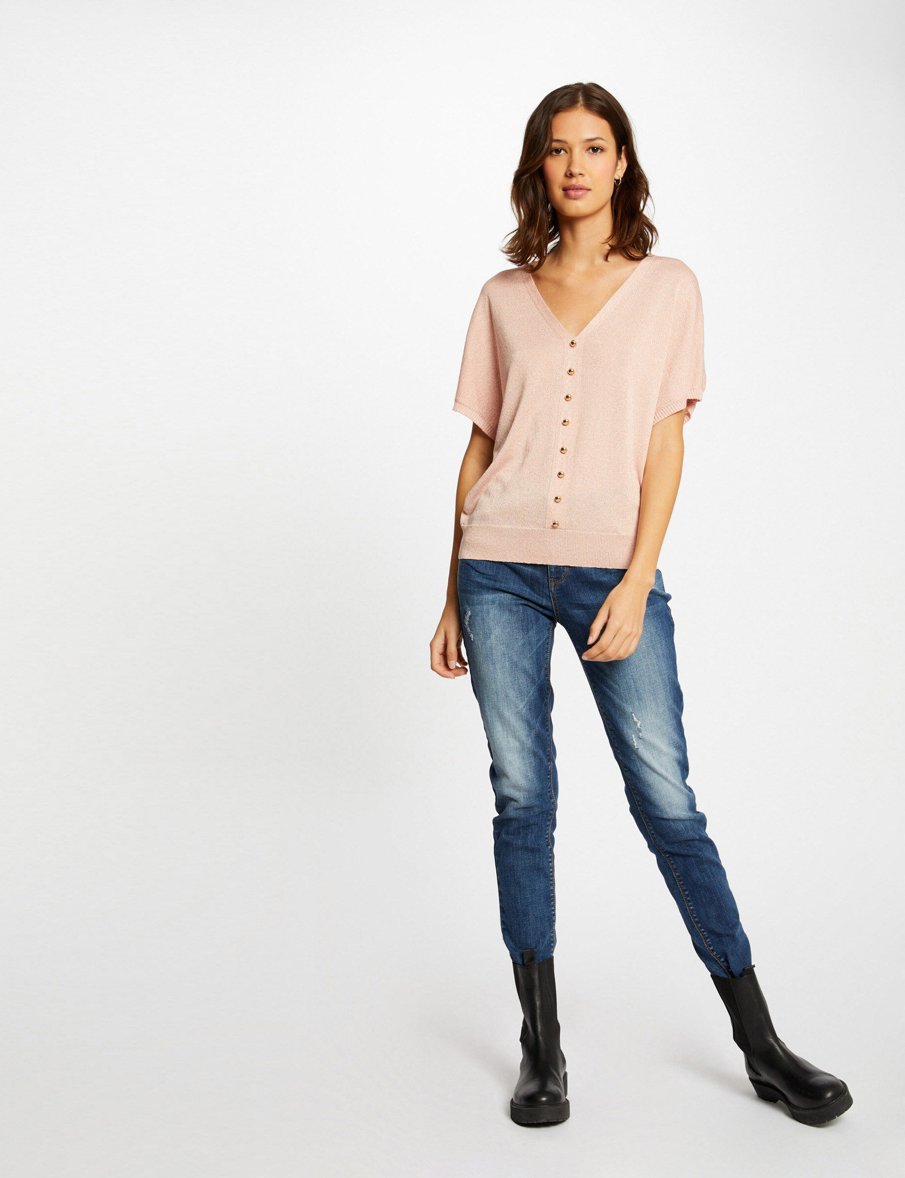 Pull manches courtes avec boutons vieux rose femme - vieux_rose