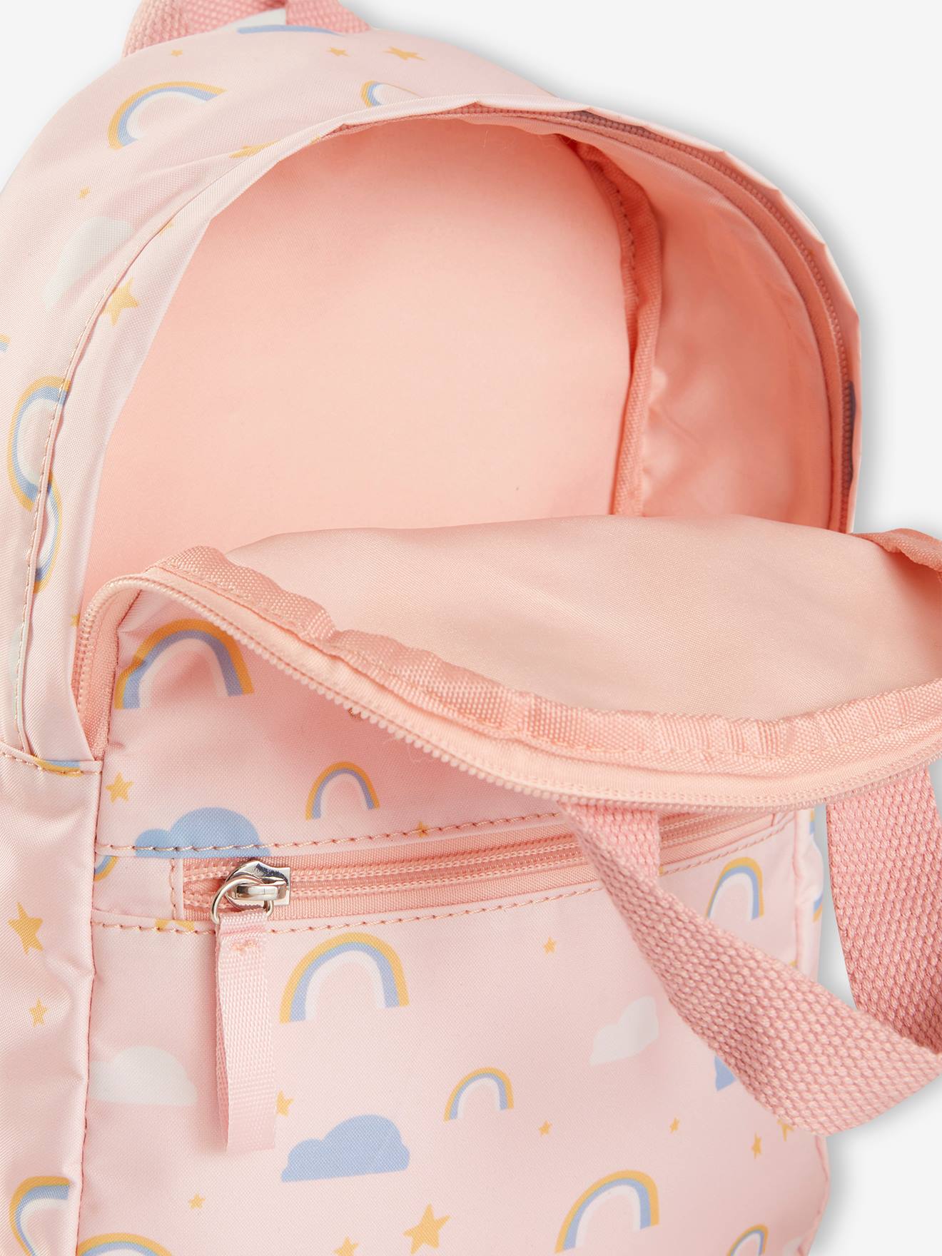 Mochila rosa claro com estampa de arco-íris