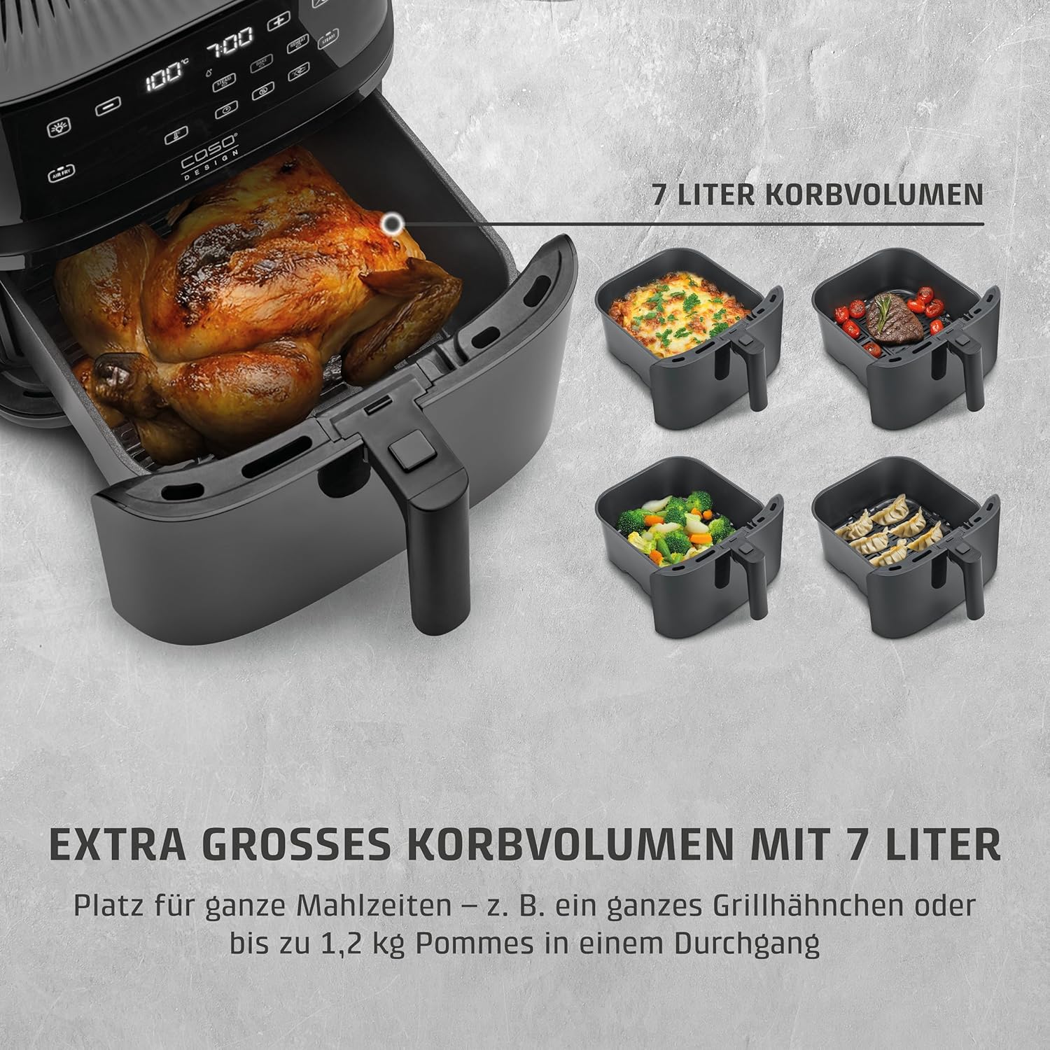 CASO AirFry & Steam 700 - Heißluftfritteuse und Dampfgarer - Testurteil: Sehr Gut, extra großes Korbvolumen 7 Liter, Dampfgarer & Airfryer, Fritteuse ohne Öl/Fett, Schwarz