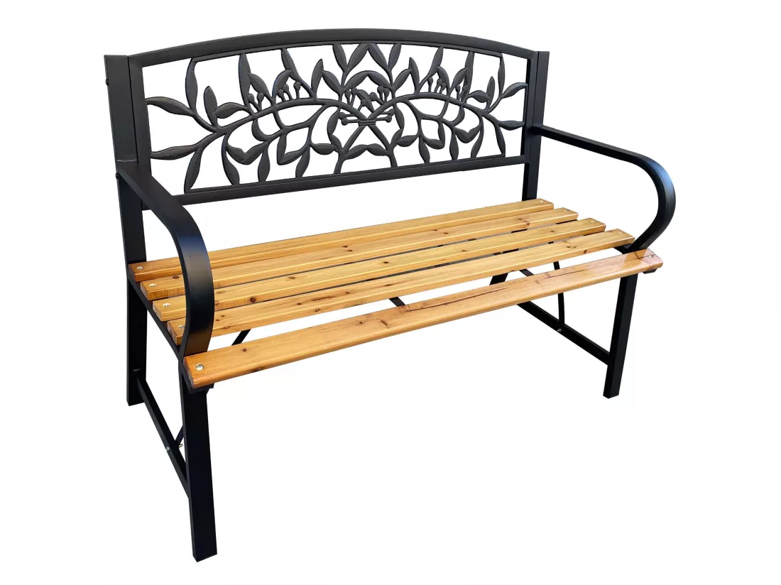 Banc de jardin noir REO avec bois laqué et pieds en acier, largeur 118 cm