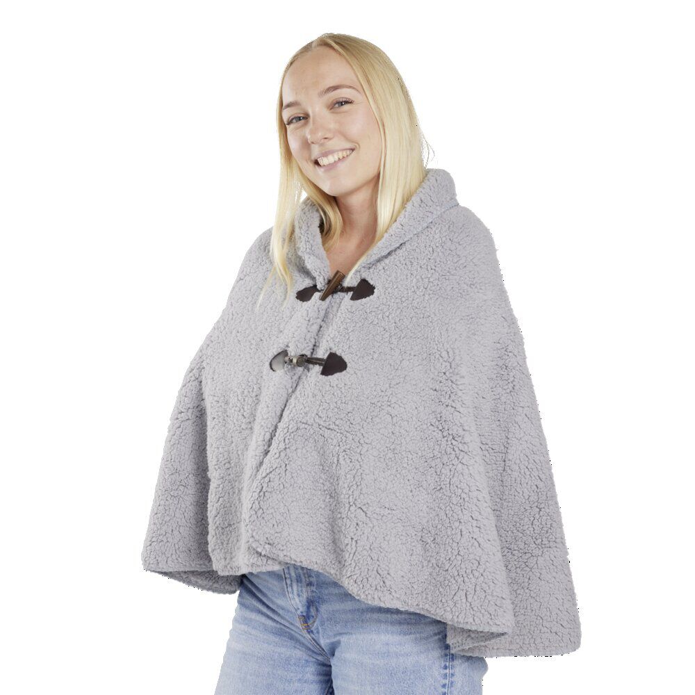 Veste plaid châle moutonné gris 75x150cm avec boutons à brandebourg