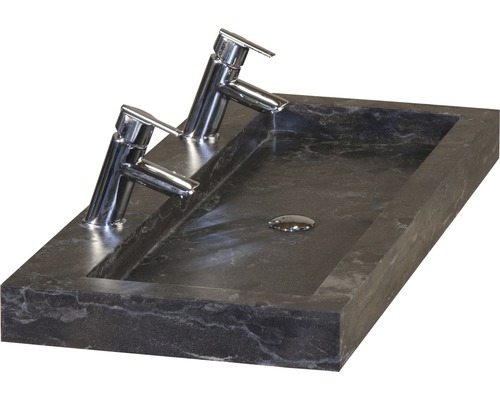Sanox Sevilla badkamermeubelset (B x H x D): 101 x 170 x 45,5 cm, hoogglans witte fronten, met zwarte natuurstenen wastafel en dubbele natuurstenen wastafel, badmeubel, spiegel met LED-verlichting