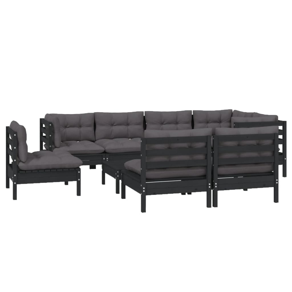 Salon de jardin meuble d'extérieur ensemble de mobilier 9 pièces avec coussins noir bois de pin massif
