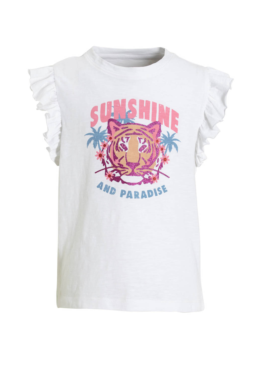 anytime T-shirt met ruffle print/wit