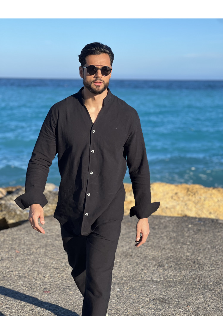 Ensemble 2 pièces chemise + pantalon effet lin noir