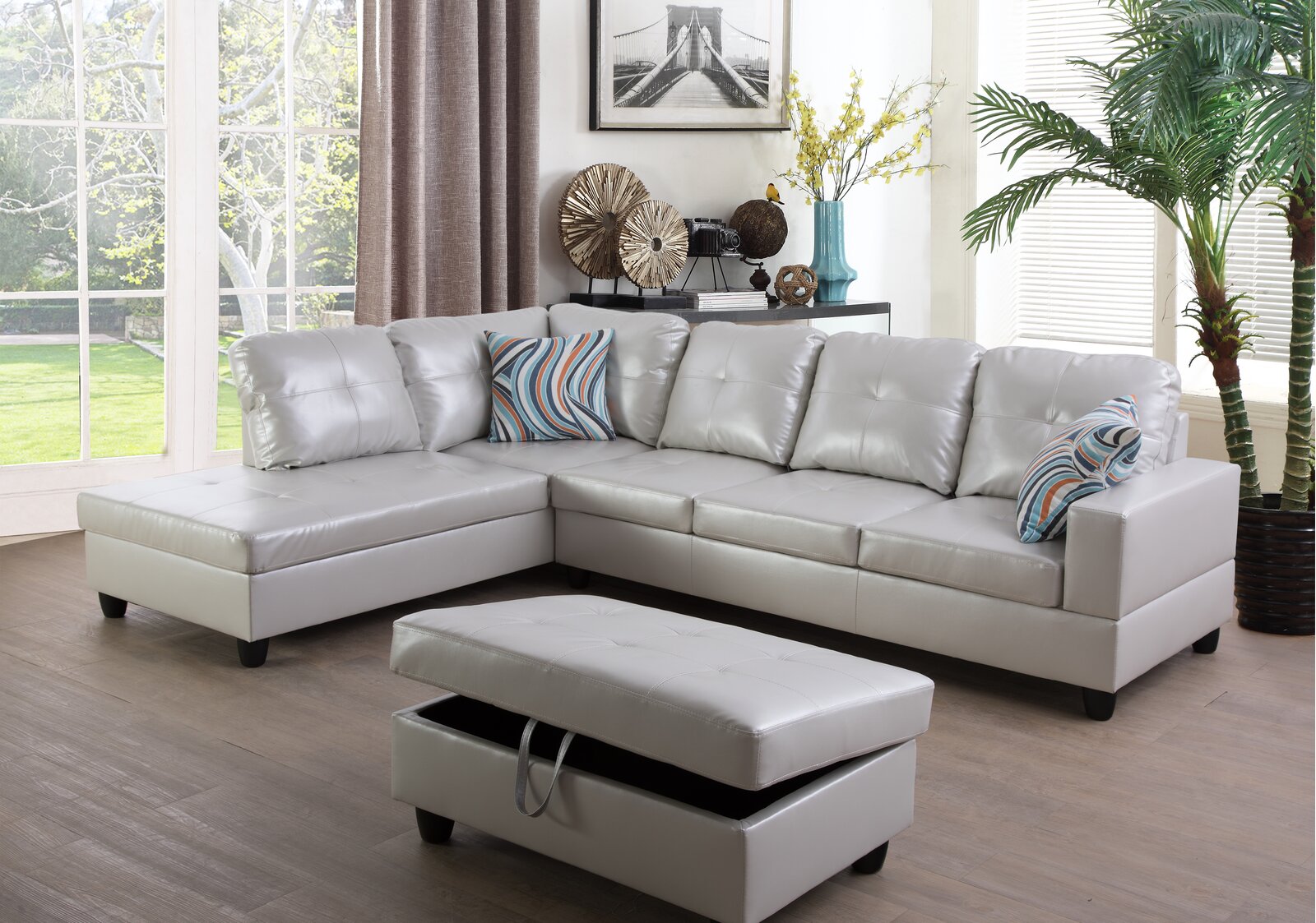 Wilhelmine 103.5&prime;&prime; Wide Faux Leather Sofa & Chaise With Ottoman