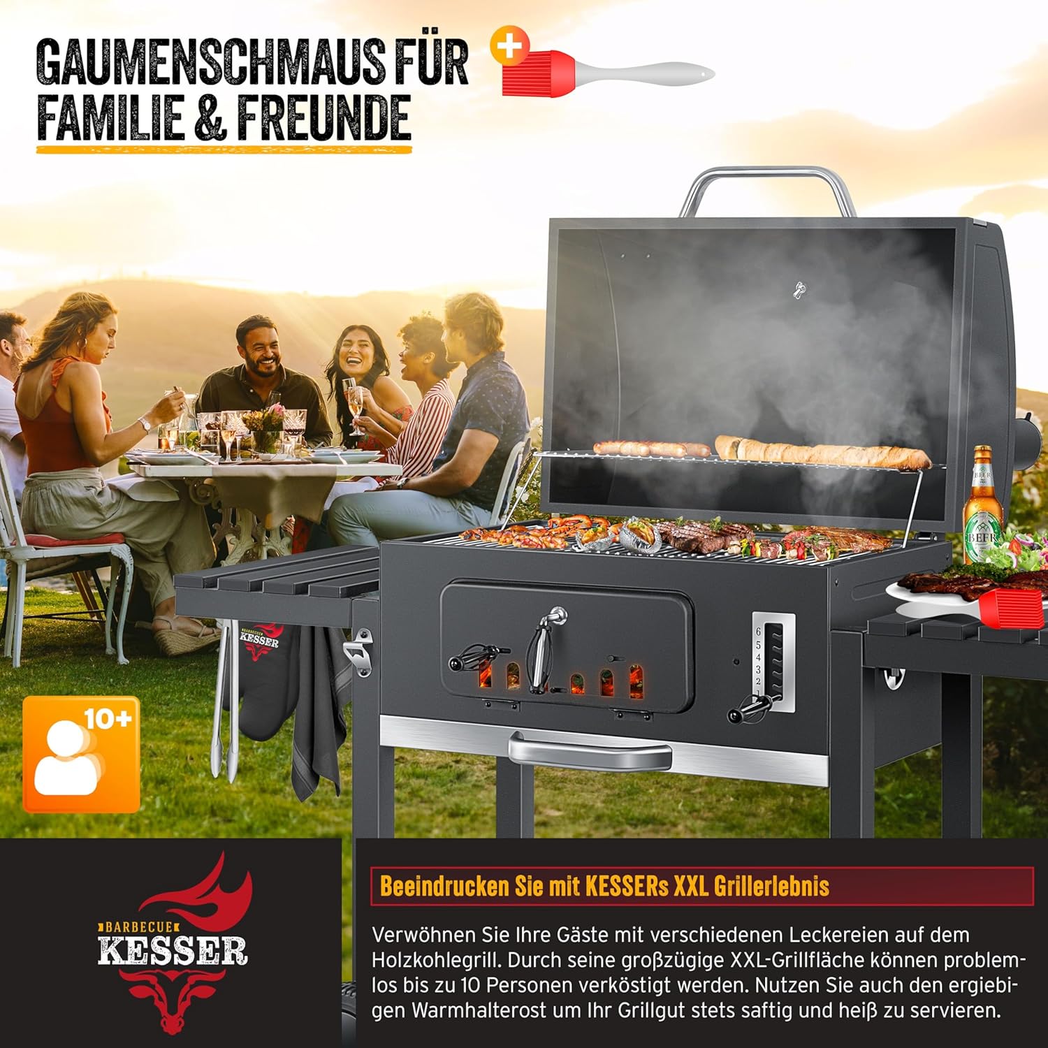 KESSER® Grillwagen BBQ Smoker XXL Holzkohlegrill mit Deckel, Rädern, Edelstahl-Griff, Thermometer, Grillrost, Bürste, Abdeckhaube & Silikon-Pinsel, Standgrill, Kohlegrillwagen