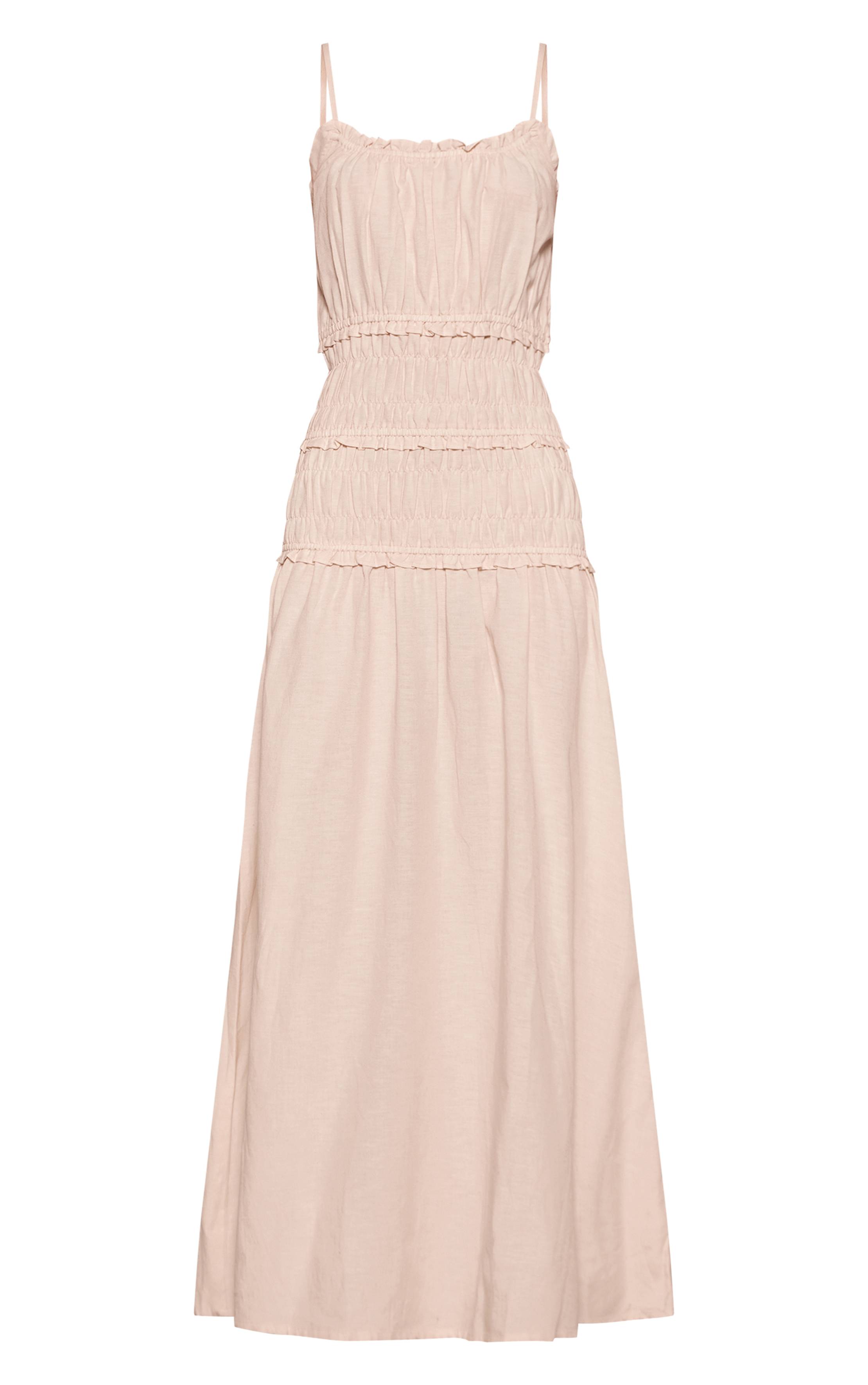 Crème Robe Longue Aspect Lin À Bretelles Avec Détails Froncés
