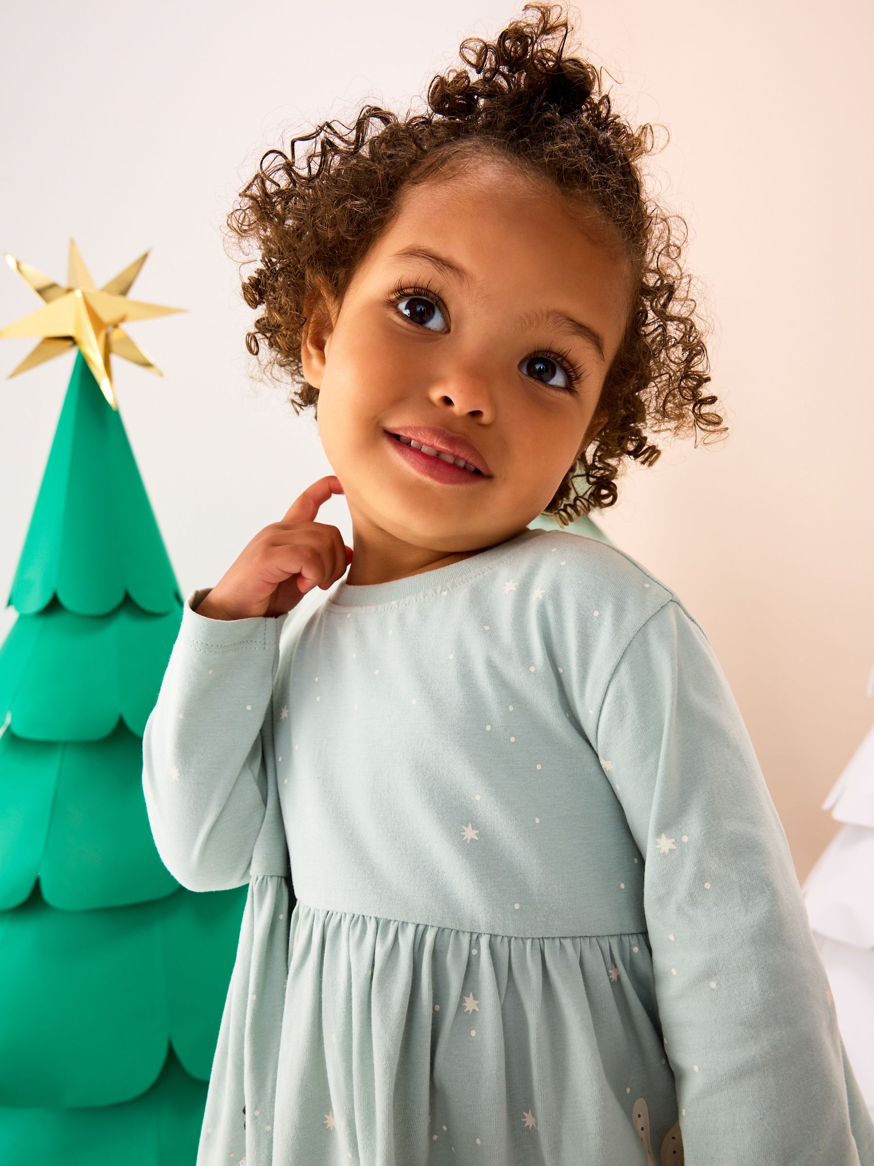 Blauw - Kerstjurk met lange mouwen en figuurtje (3mnd-7jr)