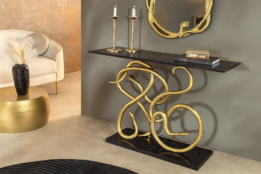 Extravaganter Konsolentisch WILDLIFE SNAKE 115cm schwarz gold Marmor Schlange Skulptur