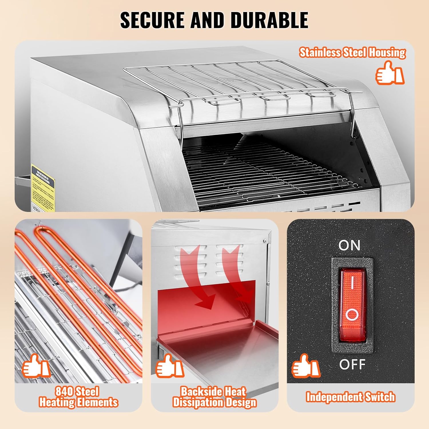 VEVOR Grille-Pain à Convoyeur Commercial 300 Tranche par Heure Toaster Grille Pain Inox 2200 W 7 Réglages de Vitesses avec Ramasse-Miettes pour Petit Pain Bagel Hamburger Boulangerie Restaurant Hôtel