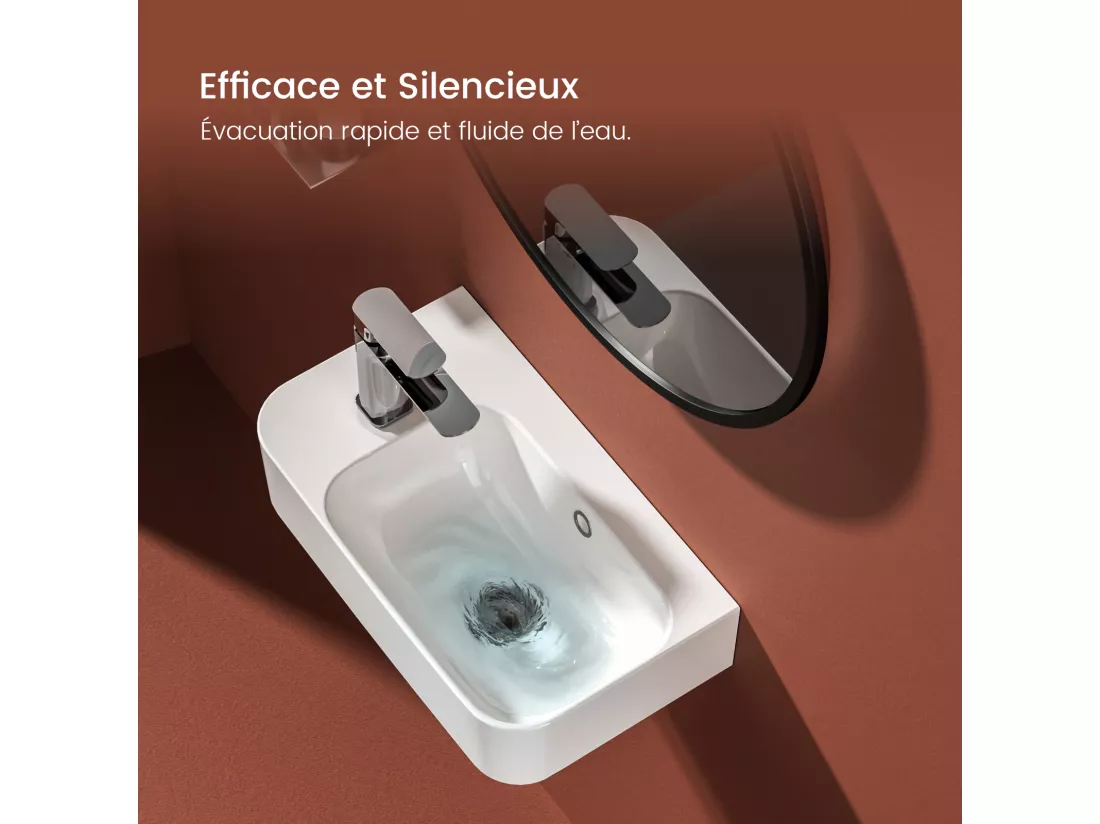 EMKE Lavabo Mural de Salle de Bain 450 x 265 x 156 mm, Vasque Rectangulaire en Céramique, Trou pour Robinet à Droite, Blanc Brillant
