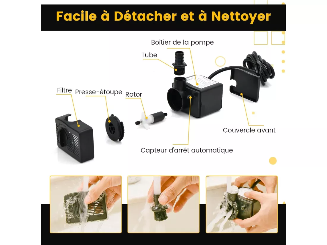 Mini Pompe à Eau Submersible 1450L/H 30W, Pompe Aquarium avec Levage Élevé de 2,50 m 3 Buses Différentes et Cordon d'Alimentation de 1,83 m, pour Fontaine Hydroponique Étang