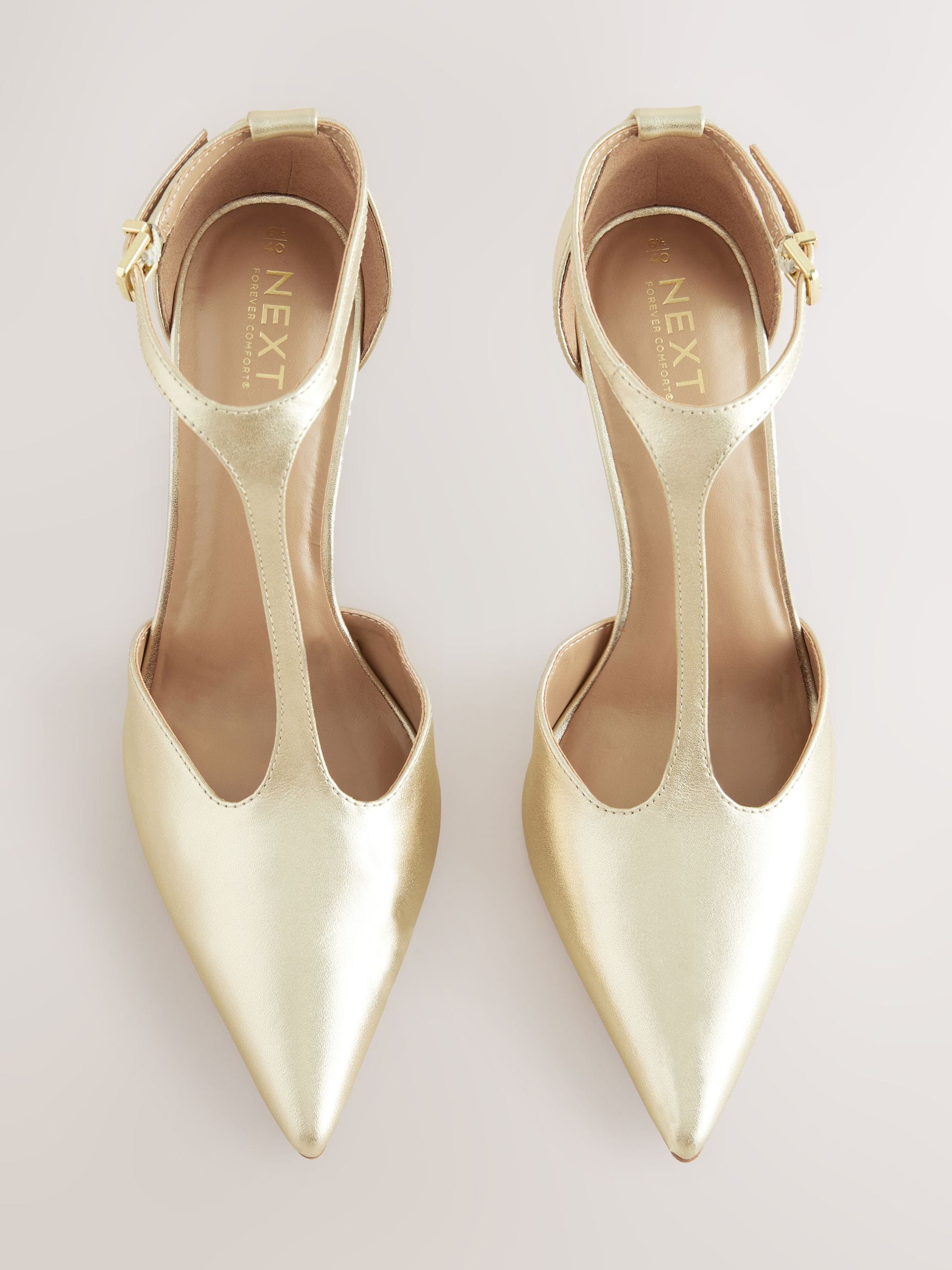 Goud - Leather T-Bar Pointed Toe Heels