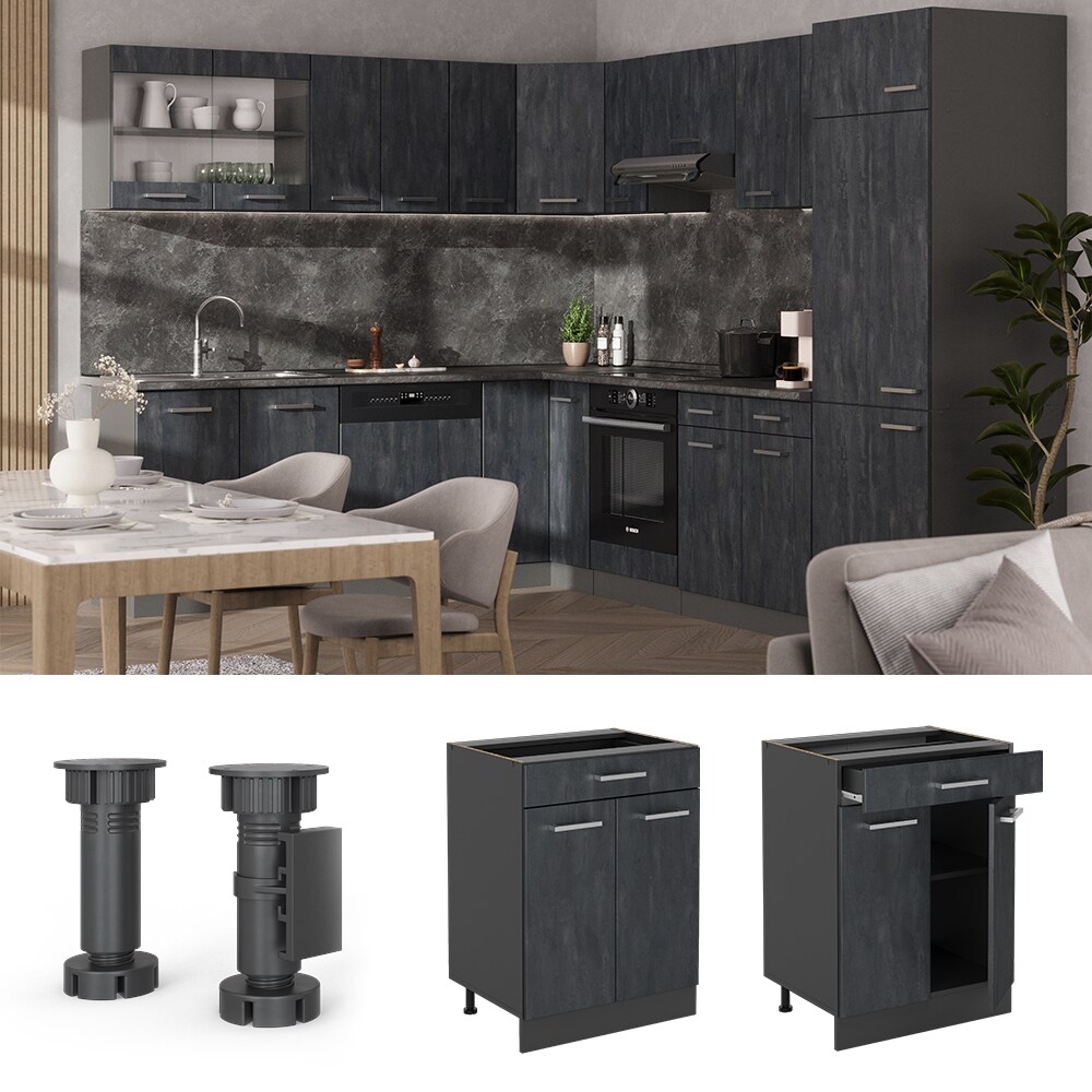 Vicco Schubunterschrank R-Line Schwarz Beton Anthrazit 60 cm mit Arbeitsplatte Anthrazit