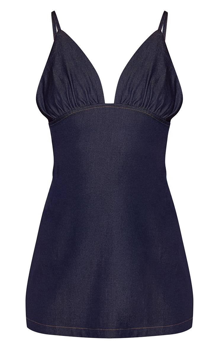 Bleu Indigo Robe Courte En Chambray À Col Licou
