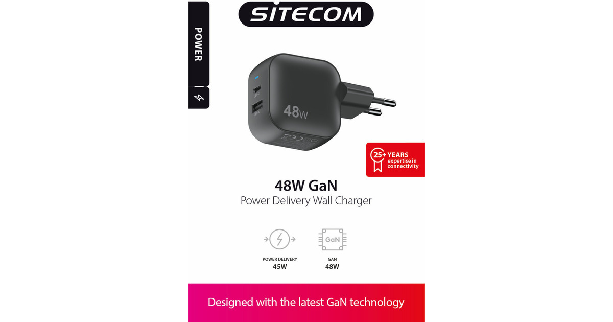 Sitecom48W GaN Power Delivery Wall Charger  (Zwart)