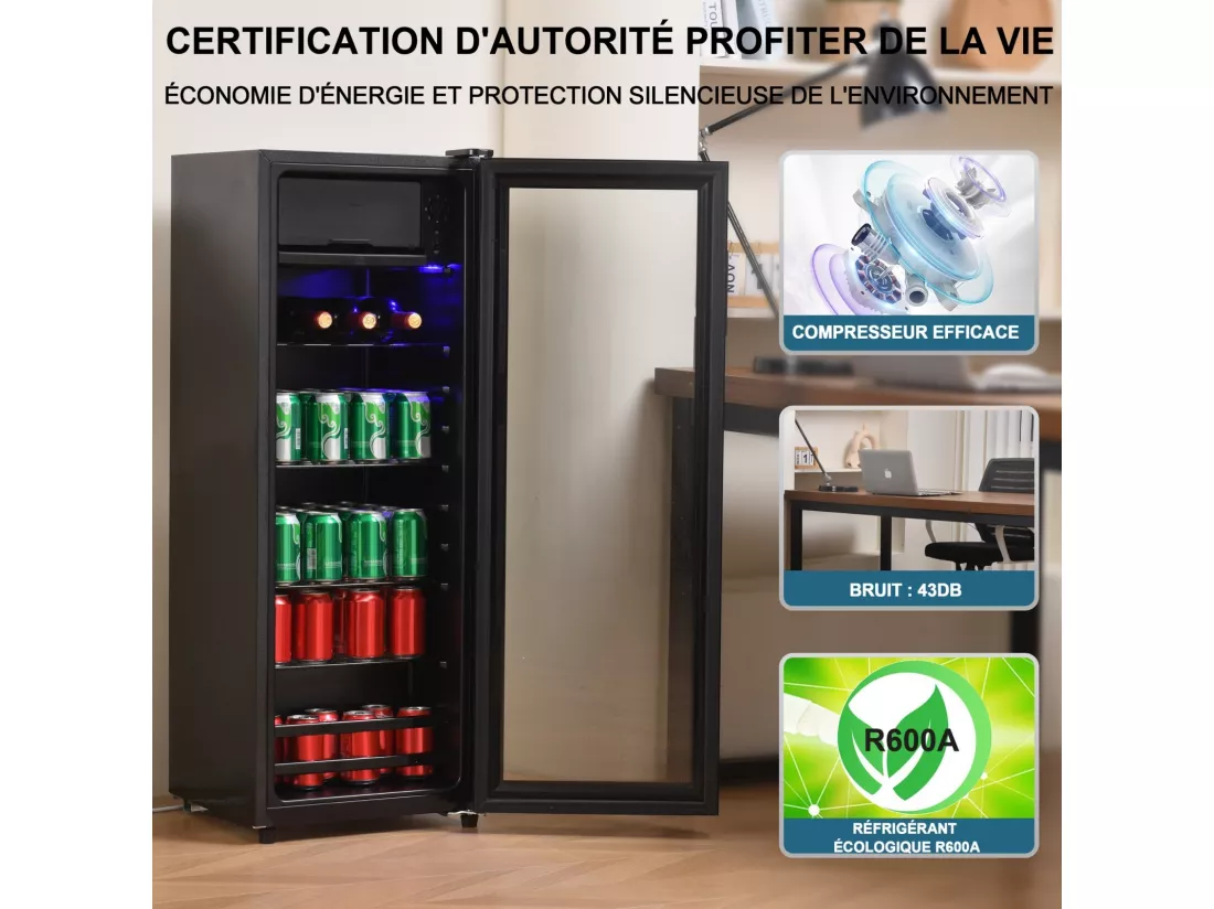 Réfrigérateur 128L, avec 3 étagères réglables et porte en verre, -10°C à 10°C, 90 kWh/an, efficacité énergétique F, 40x41x109.5cm