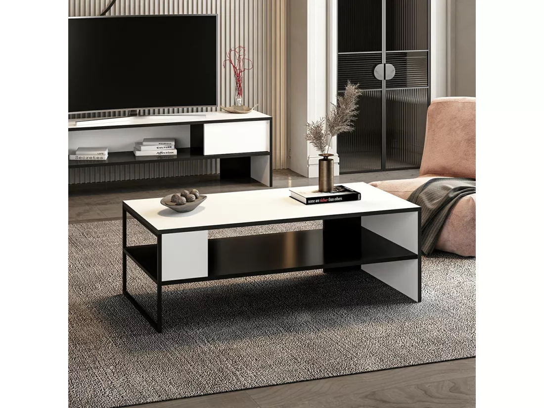 Table basse rectangulaire Ejby avec espace de rangement noir / blanc [en.casa]