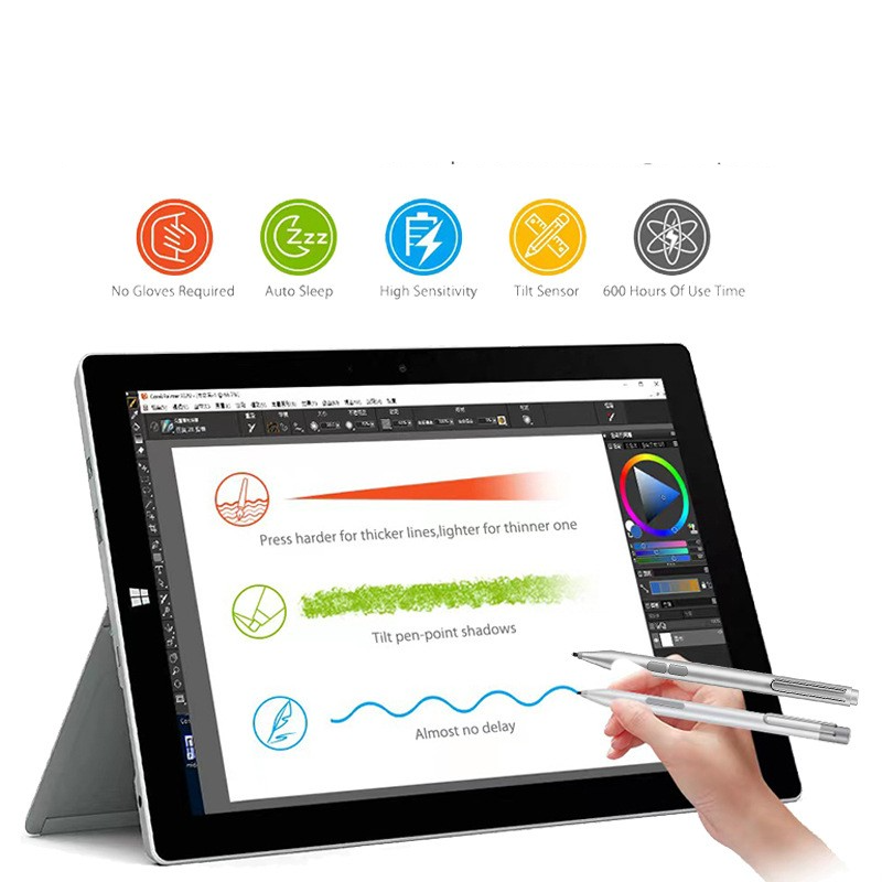 Aluminium Präzisions Stylus Touch Pen mit 5 Spitzen / Handballenerkennung (inkl. AAA Batterie) für Surface Pro / Go / Book / Laptop / Studio - Silber