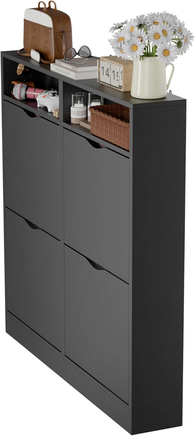 ELUCHANG Schuhschrank schmal mit 4 Klappen Platzsparender, Geschlossen Schuhregal Schuhkipper Schuhkommode mit 4 Ablagen, Shoe Cabinet Flurschrank für Diele/Flur/Garderobe, Schwarz