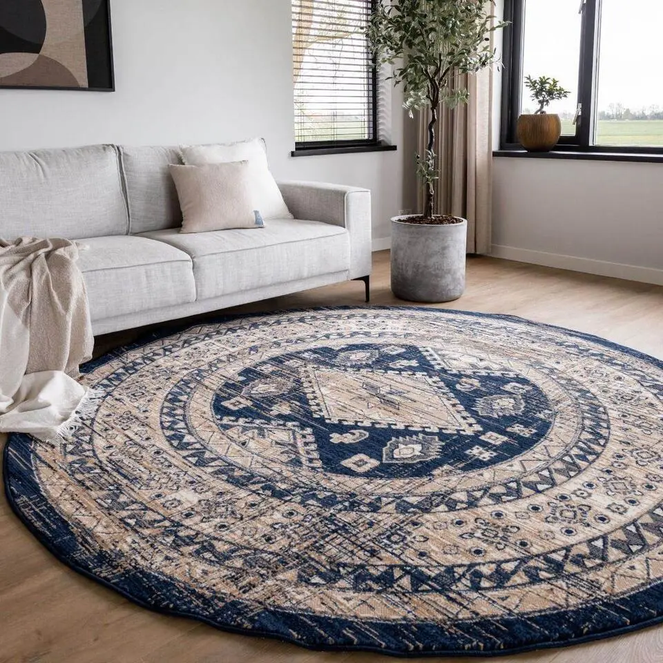Interieur05 rond vintage vloerkleed Aila blauw - 120 x 120 cm