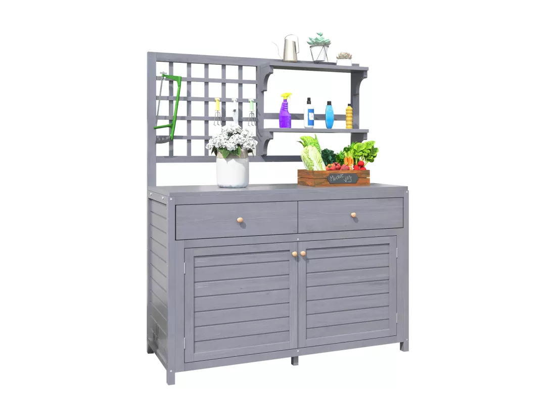 Armoire de jardin, abri de jardin en bois massif avec 2 portes, 2 tiroirs et étagère de rangement - 141.5 x 44 x 105 - Gris