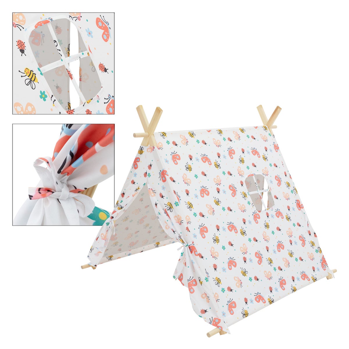 ECD Duitsland Tipi Speeltent voor Kinderen 117x108x105 cm, Indianentent Wit met Kleurrijke Motieven, Binnen/Buiten, Tipi Kindertent met 2 Deuren en een Raam, Kinderkamer Speelhuisje voor Meisjes/Jongens