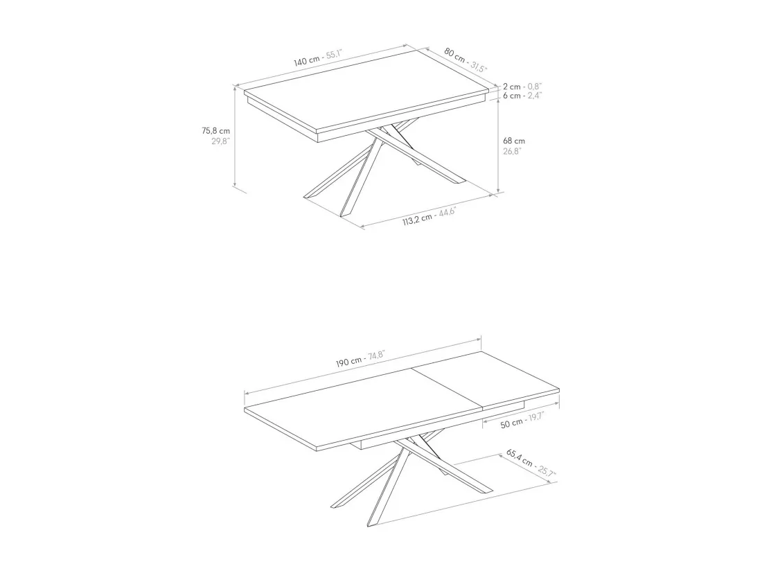 Table en bois, gris béton, base anthracite, 140x80-190x80cm - VOLPAIA