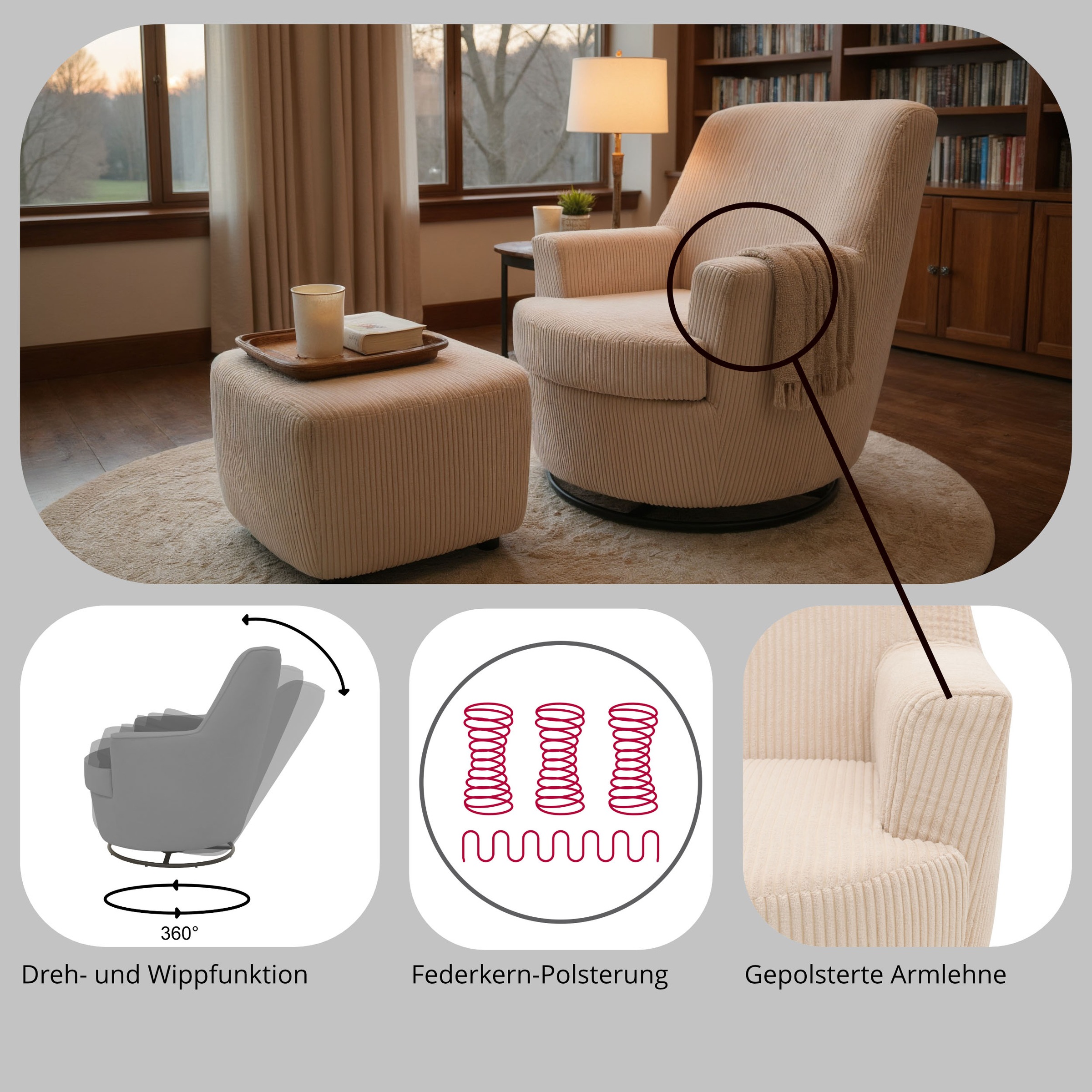 INOSIGN Drehsessel »HETTY, Drehsessel mit Wippfunktion und Hocker; Lesesessel, Armsessel« Set, 2 Stk. tlg. mit Dreh/Wippfunktion, mit Federkern, in Cord und Microfaser