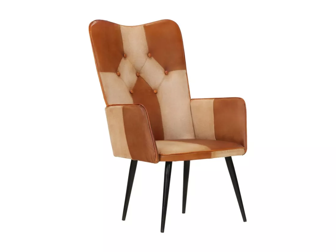 Fauteuil à oreilles Marron et crème Cuir véritable