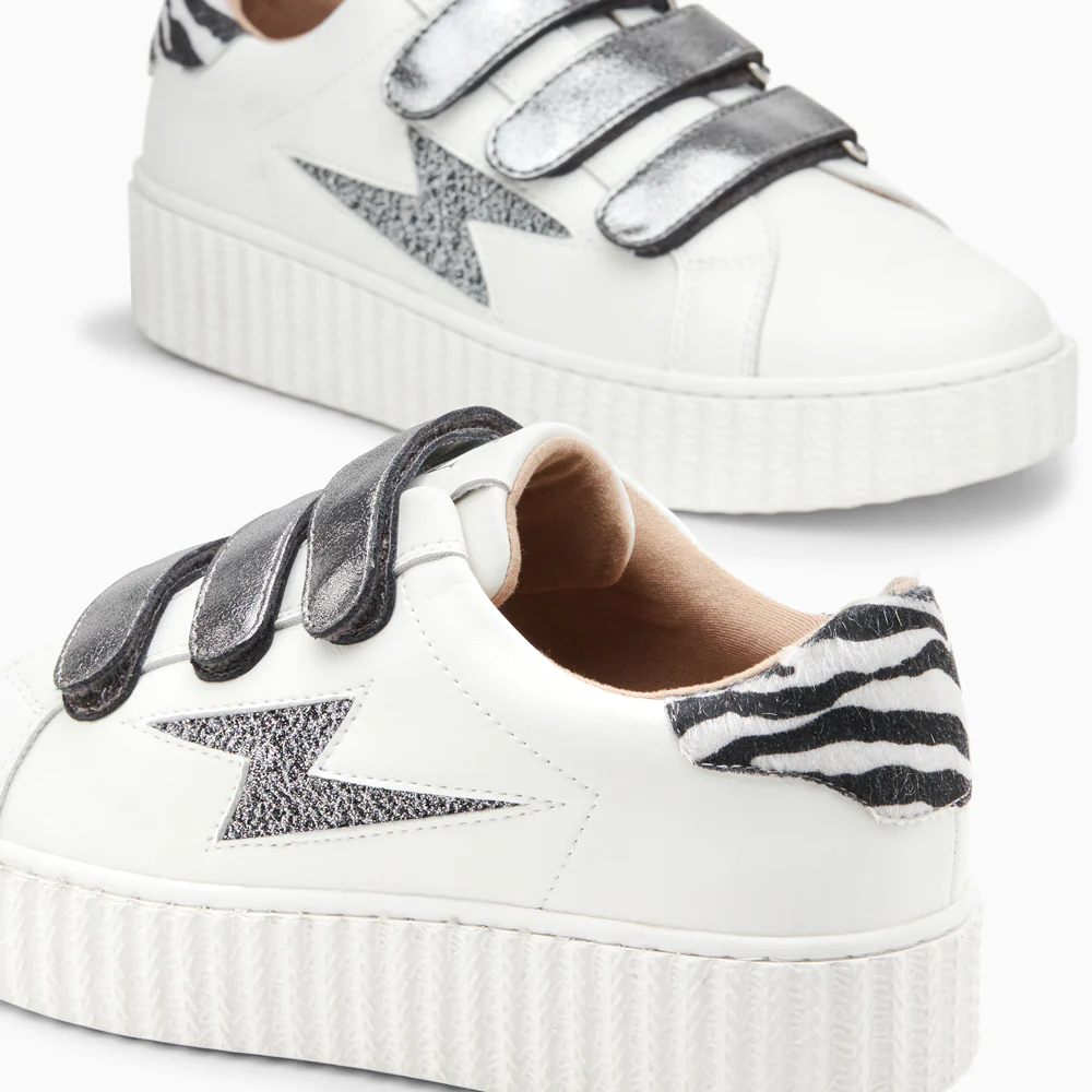 Sneakers-Baskets éclair Darine blanc et zèbre à scratchs anthracite
