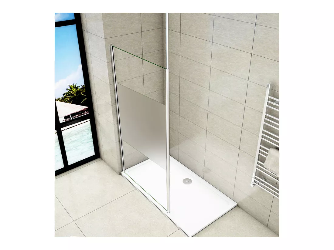 Paroi de douche à l'italienne 100x200cm avec barre de fixation au plafond 203-320cm, en 8mm verre bande centrale dépolie