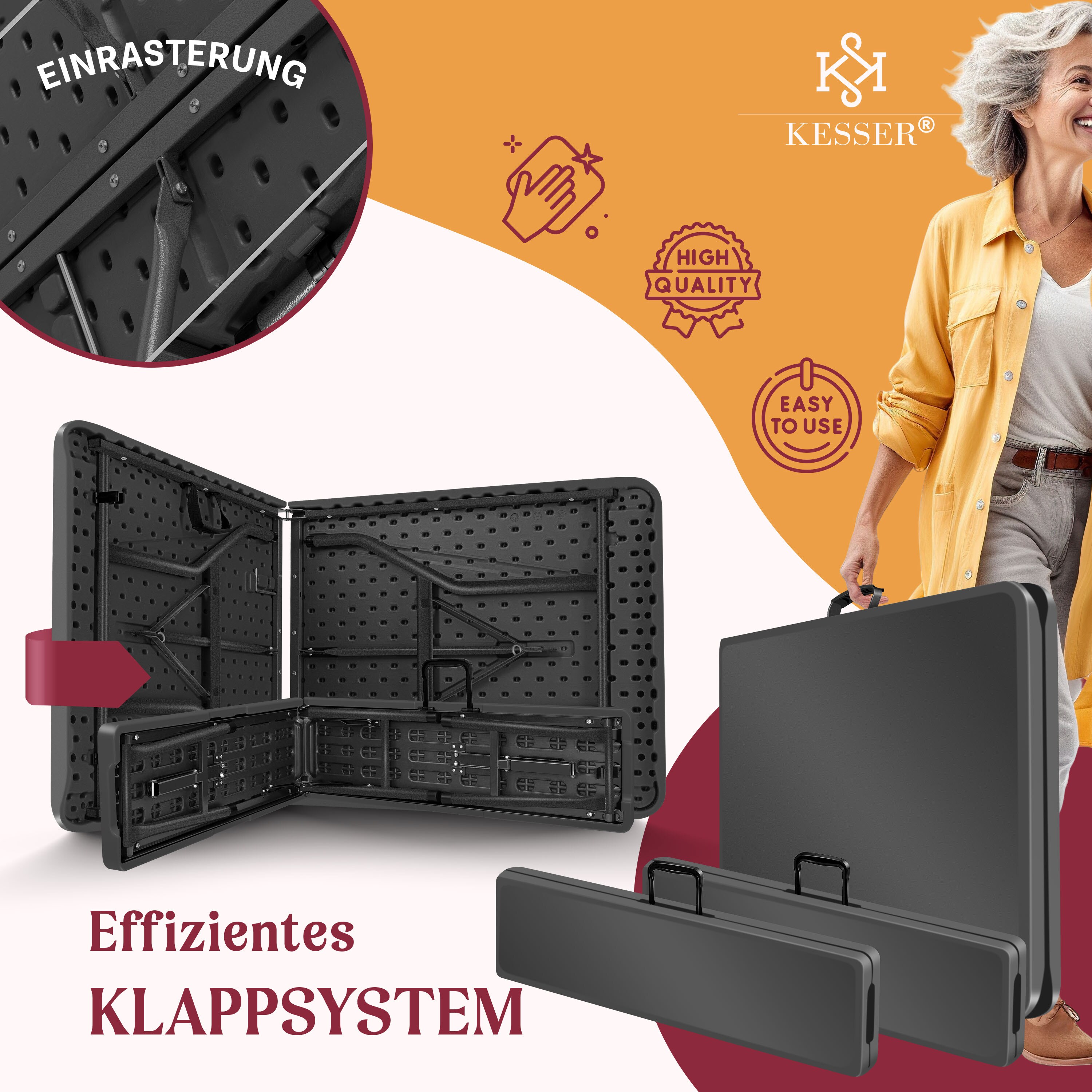 KESSER® Bierzeltgarnitur - 3-teilig Set, Tisch + 2 x Bank, für drinnen - draußen, klappbar, Tragegriffe, HxBxT: 73x180x75 cm , Kunststoff, Rattan-Look Gartengarnitur , Klapptisch , Gartentisch