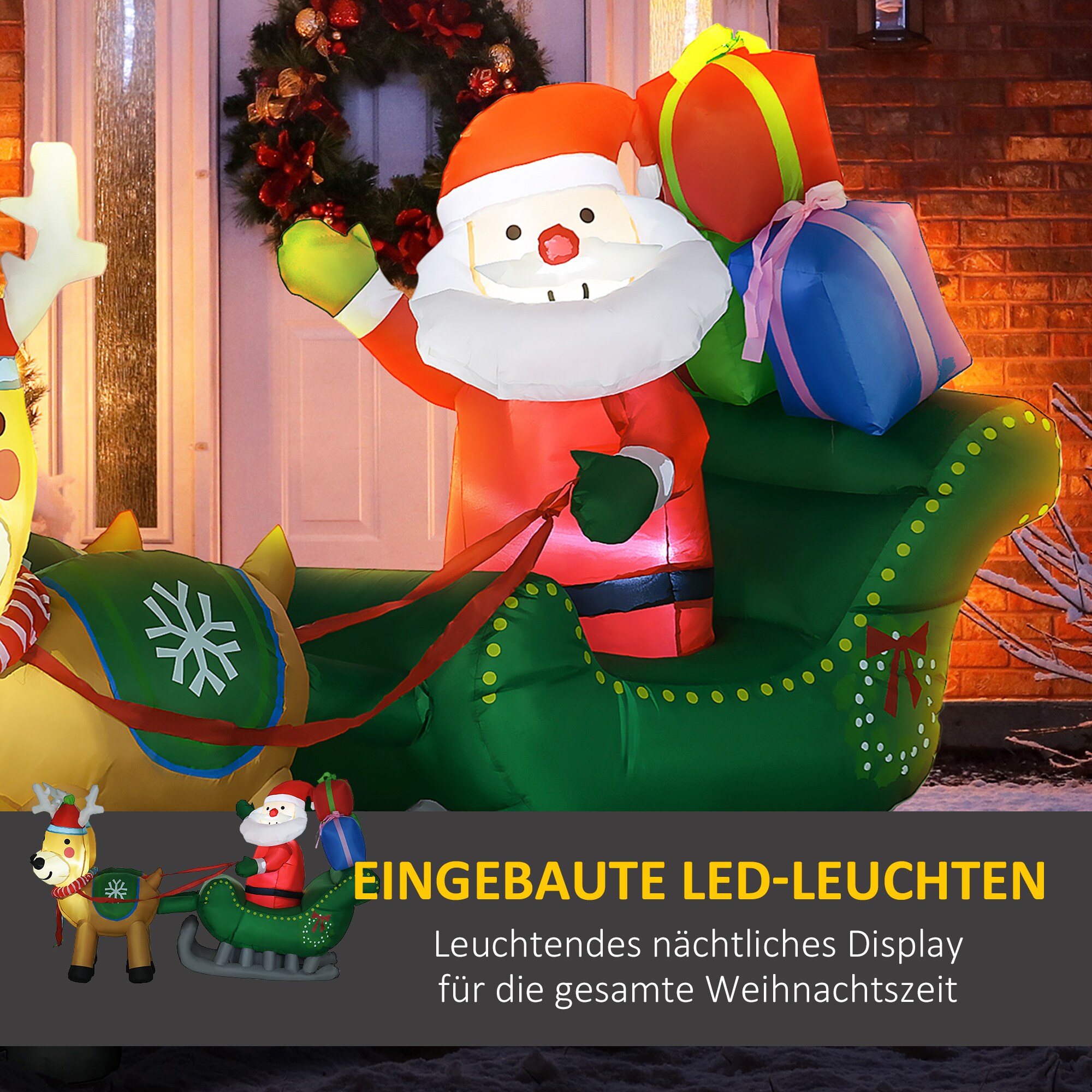 HOMCOM Aufblasbare Weihnachtsmann mit Schlitten und Rentieren mit LED-Lichter bunt 210L x 70B x 125H cm