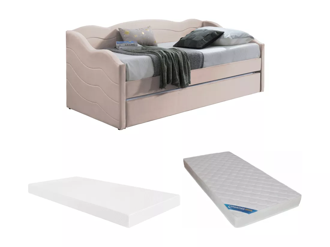 Lit banquette gigogne 2 x 90 x 190 cm - Velours - Rose + Matelas - LENVIA