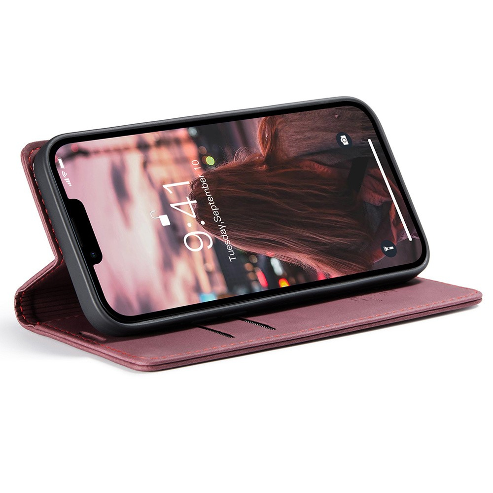 iPhone 15 Pro Leder Tasche Flip Wallet Etui mit Kartenfächern - Rot