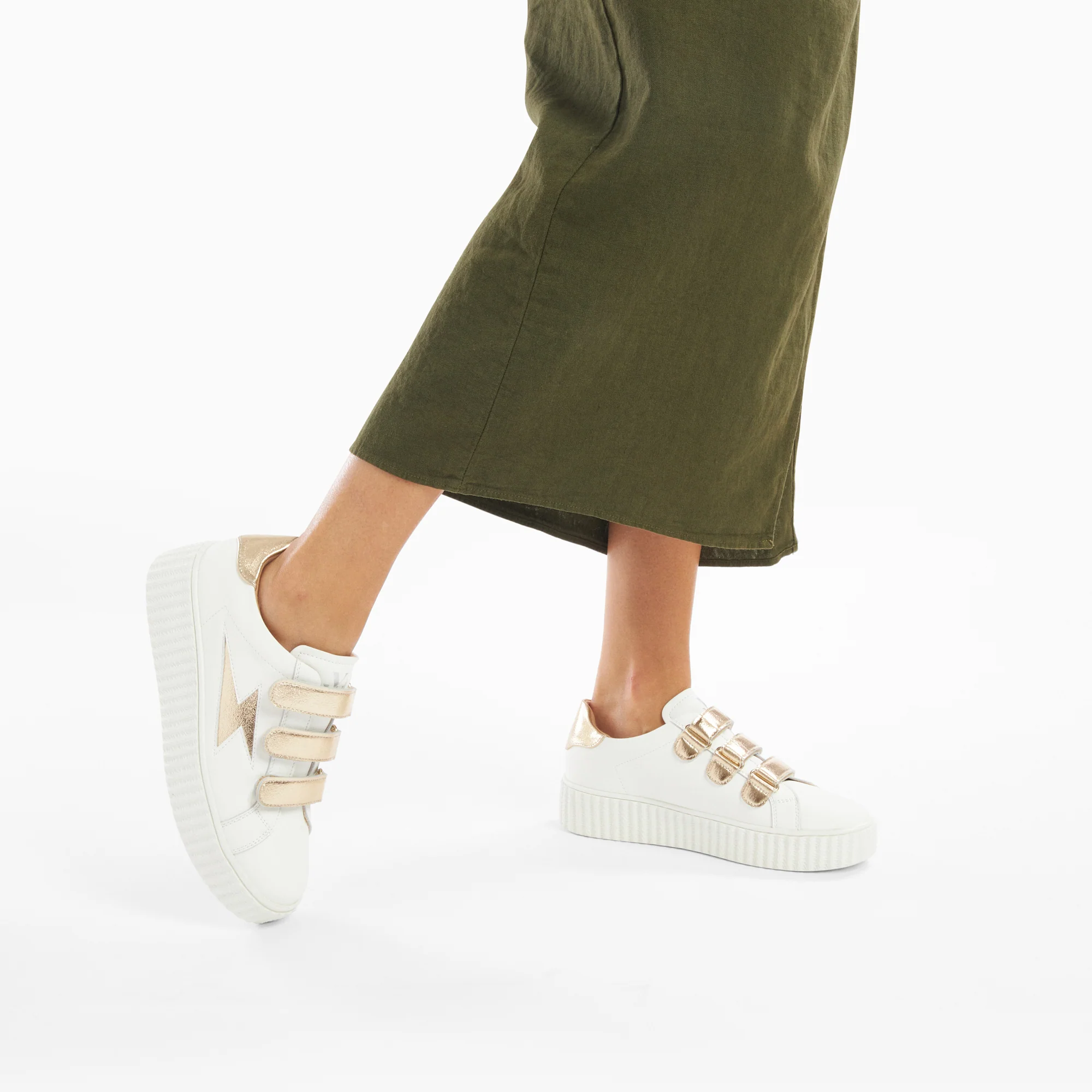 Sneakers-Baskets éclair Marilou blanc et or à scratchs