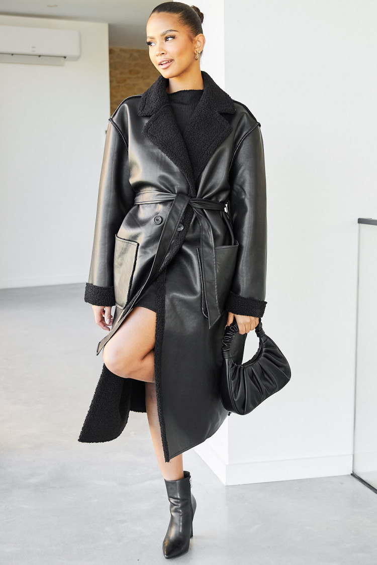 Veste longue aviateur noire à peau de mouton ceinturée