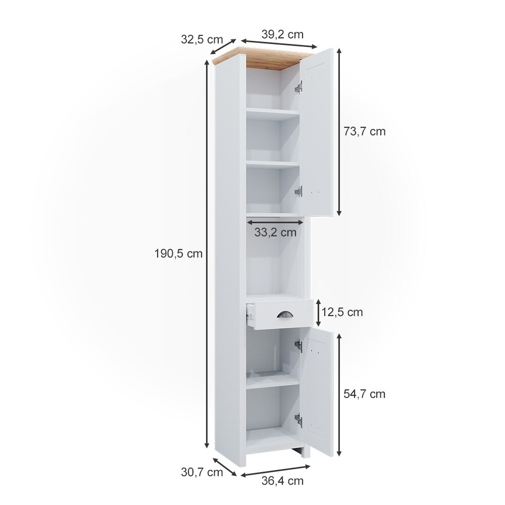 Vicco Badschrank Nino 39x190cm, Hochschrank für Badezimmer im Weiß-Artisan