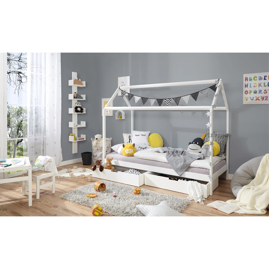 TICAA Kinderbett Hausbett Lina mit Schubkästen 90x200 cm Kiefer weiß weiß