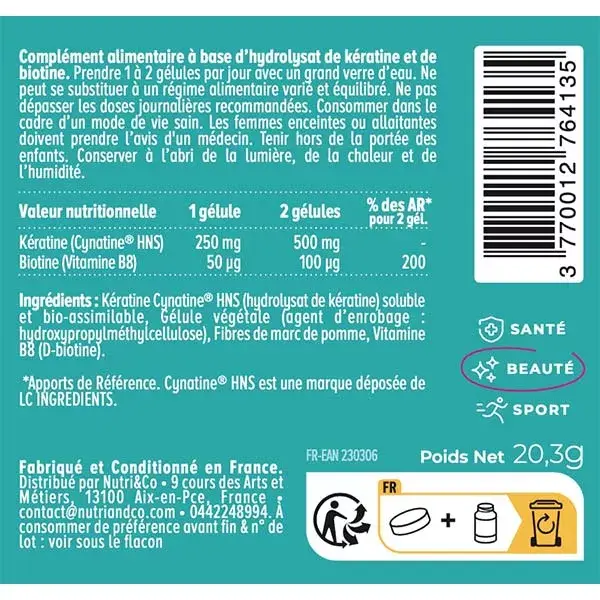 Nutri&Co Complexe Cheveux Kératine & Biotine Ongles et Cheveux 60 gélules