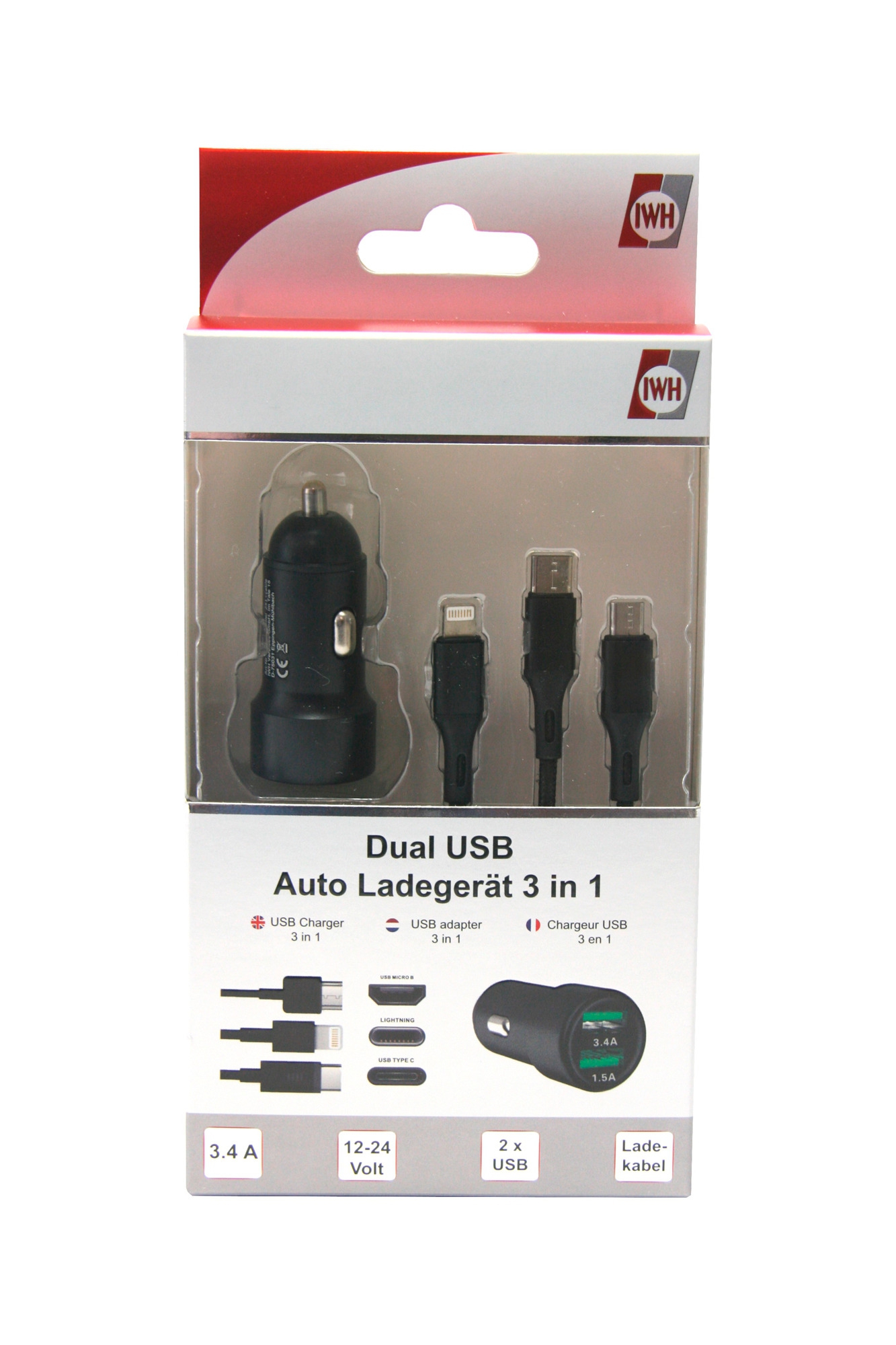 IWH Dual 3 in 1 USB Ladegerät für Autos 3 Anschlüsse 1,2 Meter
